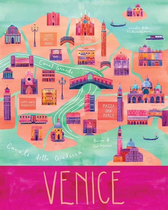 Illustrated Venice Map, 16" x 20", Digital Print