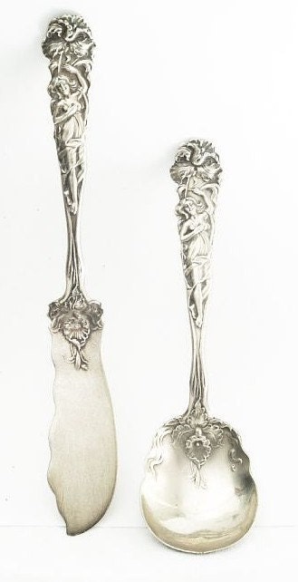 Antique Sterling Alvin Raphael Butter Knife and Spoon Art Nouveau Woman Set