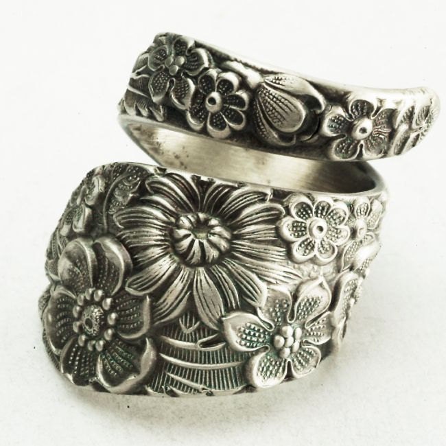 Antique Stieff Floral Sterling Silver Spoon Ring, Made in YOUR Size (2178)