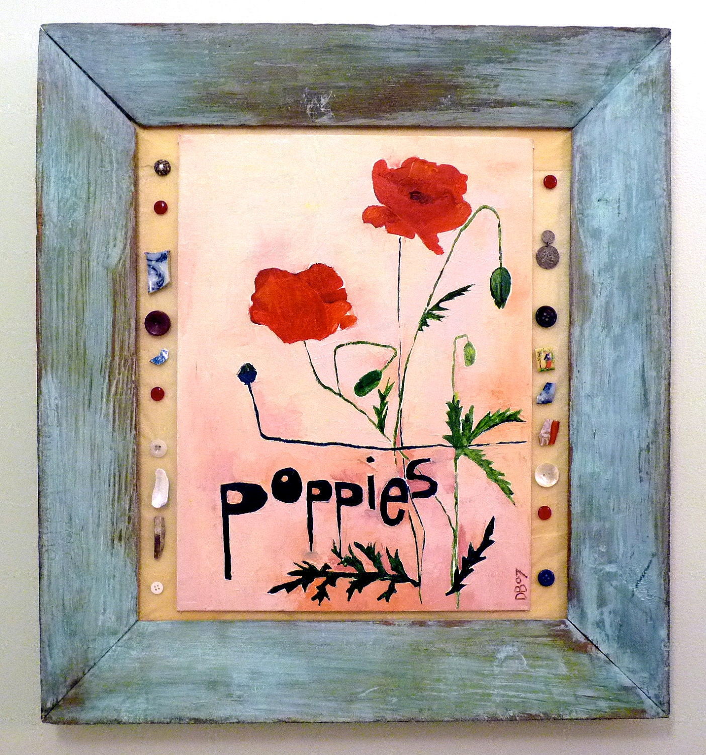 mixed media original painting, flower painting, red poppies, found objects, painting of flowers, oil painting, framed painting