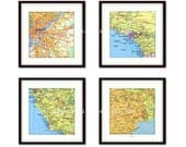 CUSTOM set of 4 Map Art Prints - Personalized Wall Art with Square Shaped Vintage Map images   - 8 x 8 or 8 x 10 Wall Decor