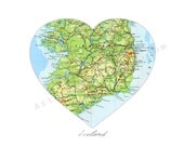 Ireland Vintage Map Art PRINT 8 x 10 Irish Map Heart Decor - No.P237