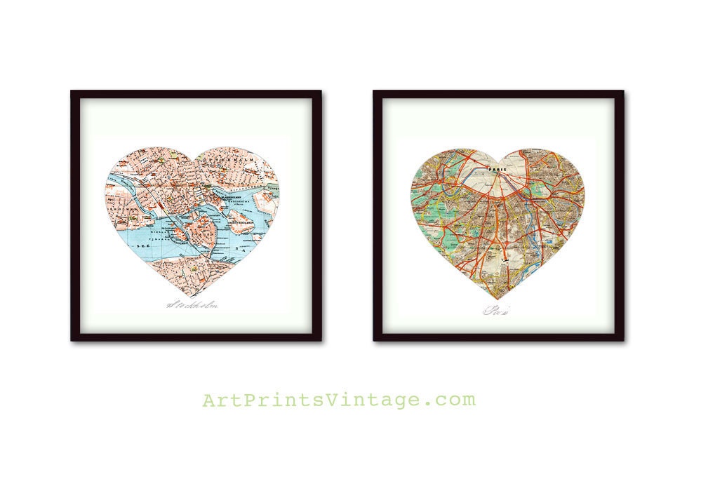 2 Personalized Heart Map Art Wall Decor Prints for Wedding Gift Engagement Gift Anniversary Gift - Custom Art Prints