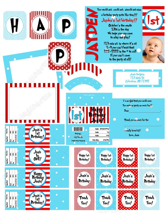 Dr. Seuss cat in hat inspired party complete party package printable with personalization NO invite by delightfulprints Il_570xn