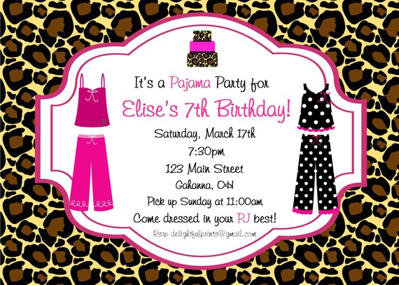 Leopard Pajama slumber party birthday invite you print custom digital photo card by delightfulprints Il_570xn