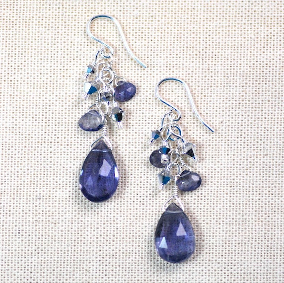 Stunning Iolite and Swarovski Crystal Jumble Cascade Earrings