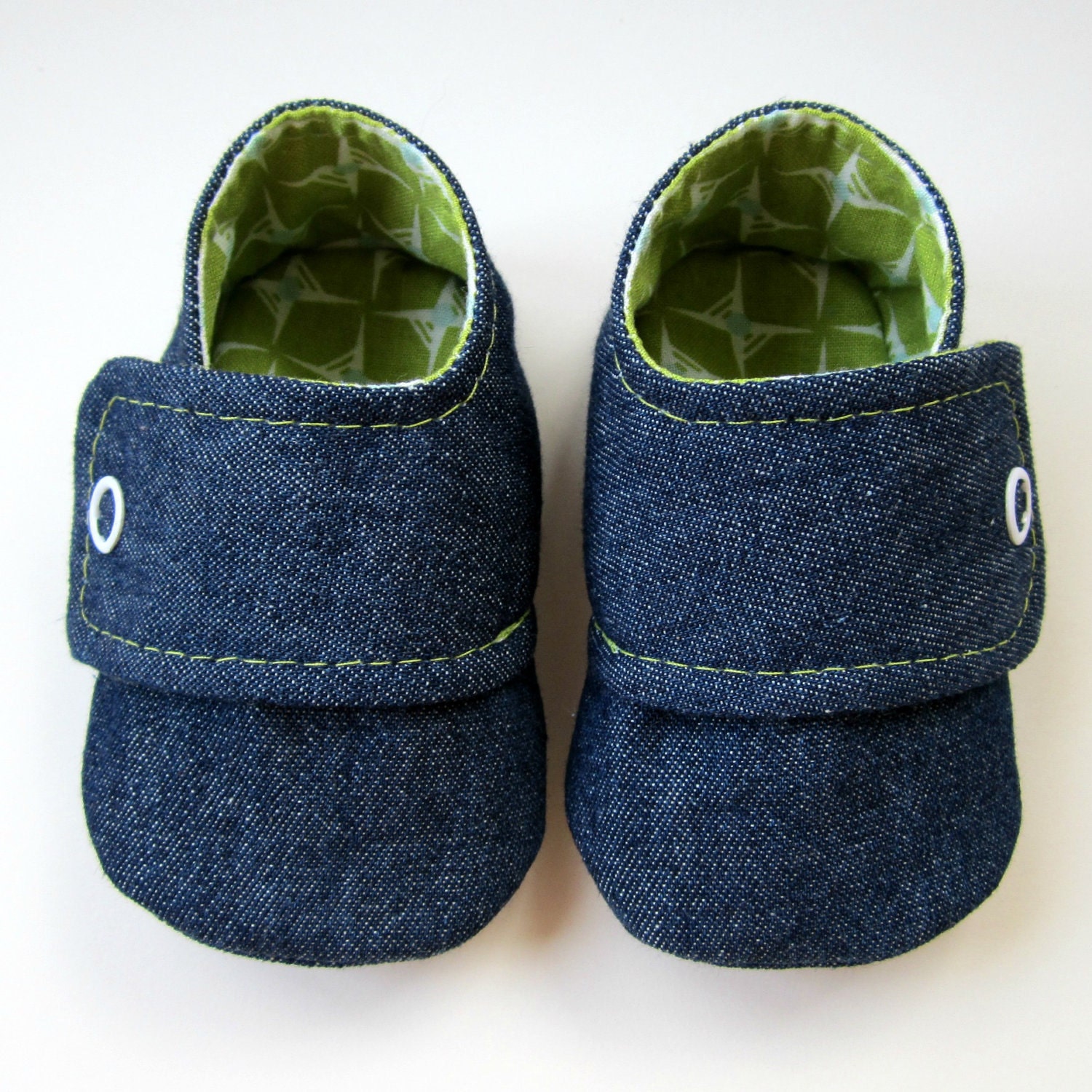 Baby Booties in Dark Denim and Green Cotton - Sizes 1-4