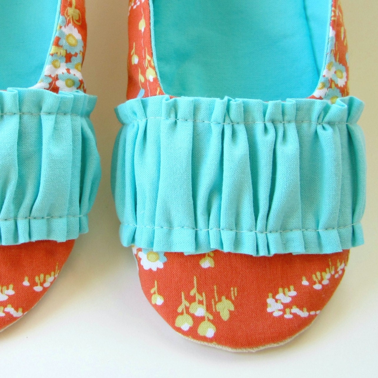 Women's Slippers - Ruffled Mary Jane House Shoes in Orange and Turquoise