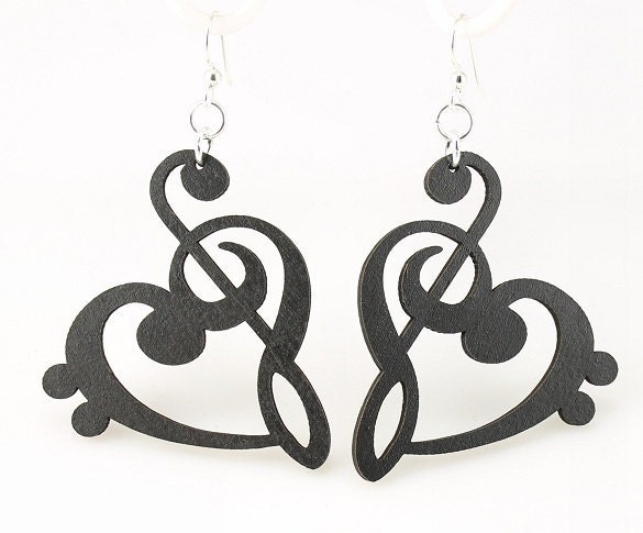 Treble Bass Clef Heart - Wood Earrings