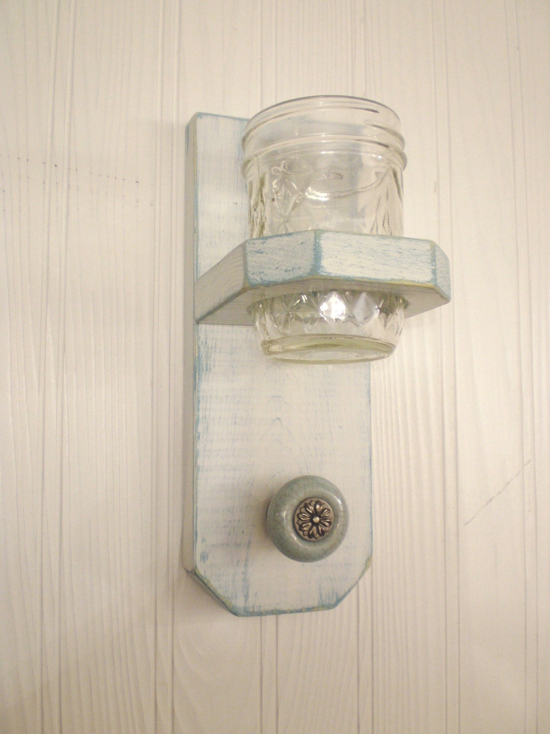 Cottage Styled Wood Wall Vase with Antique Styled Knob, Shabby Chic / French Country-WHITE with TURQUOISE BASE
