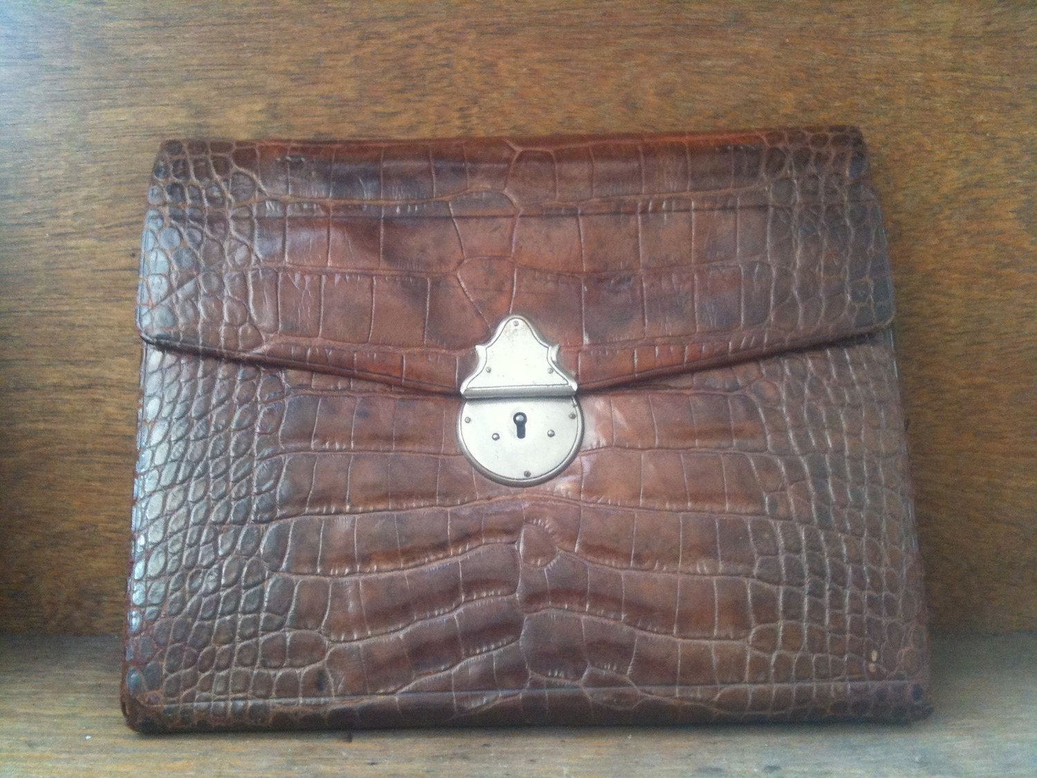 Vintage Brown Croc Writing Set, with Silver Hardware, needs Repair work