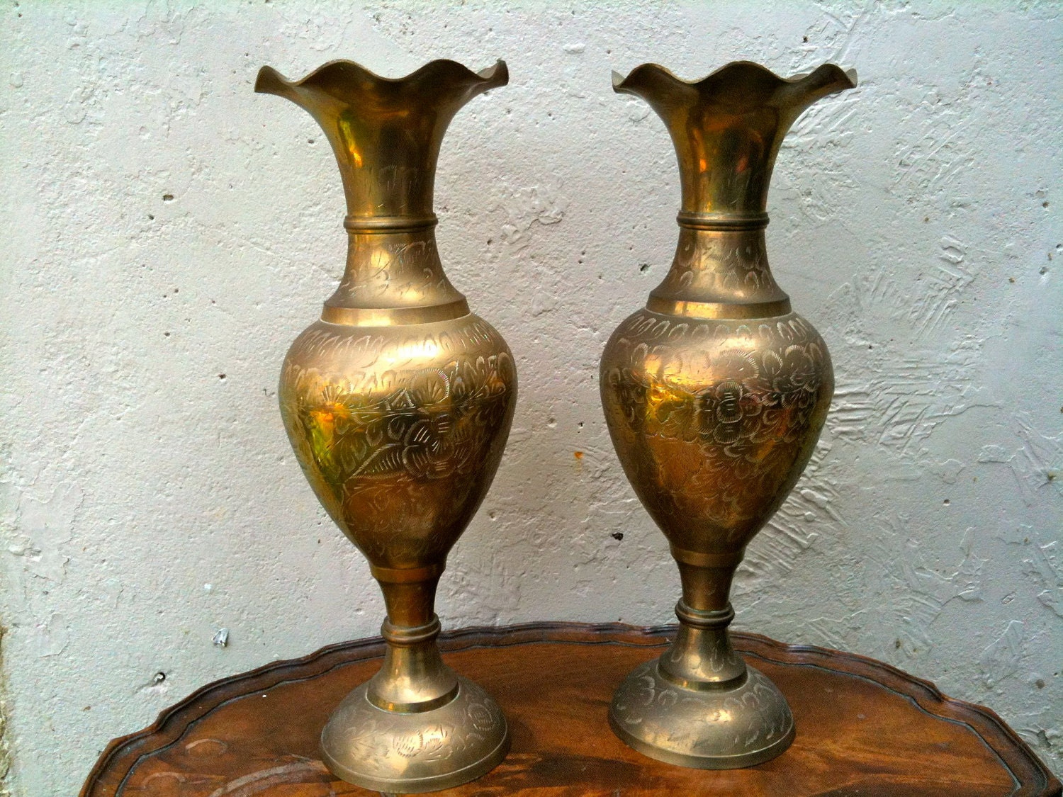 Vintage Indian Tall Pair of Brass Vases / English Shop