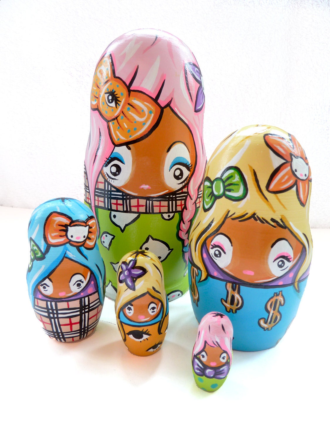 SALE Ganguro Russian Doll Set of 5 - Hand Painted