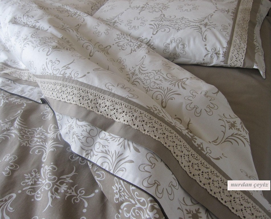 King size Duvet cover French Country home cotton lace trim Custom made Bedding set 5 pcs beige white pastel Turkish Turkey Istanbul style