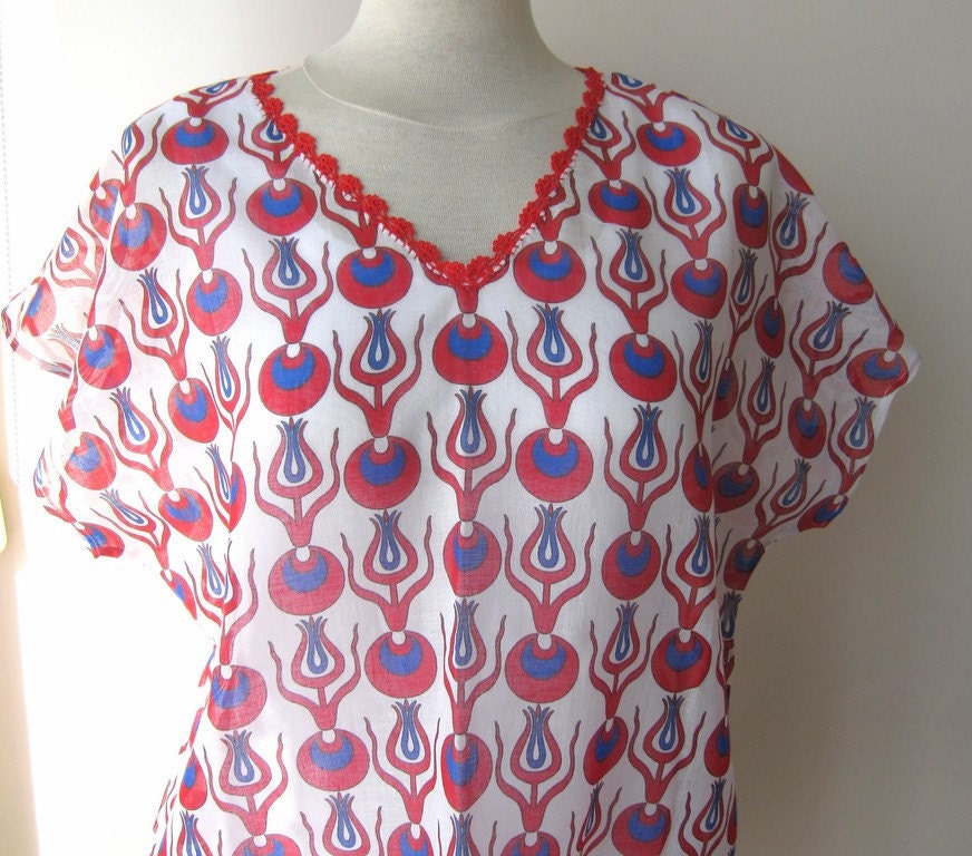 kaftan women clothing cotton caftan beach dress summer- tunic swimsuit cover up Turkey- OYA crochet collar CINTEMANI Print White Red blue