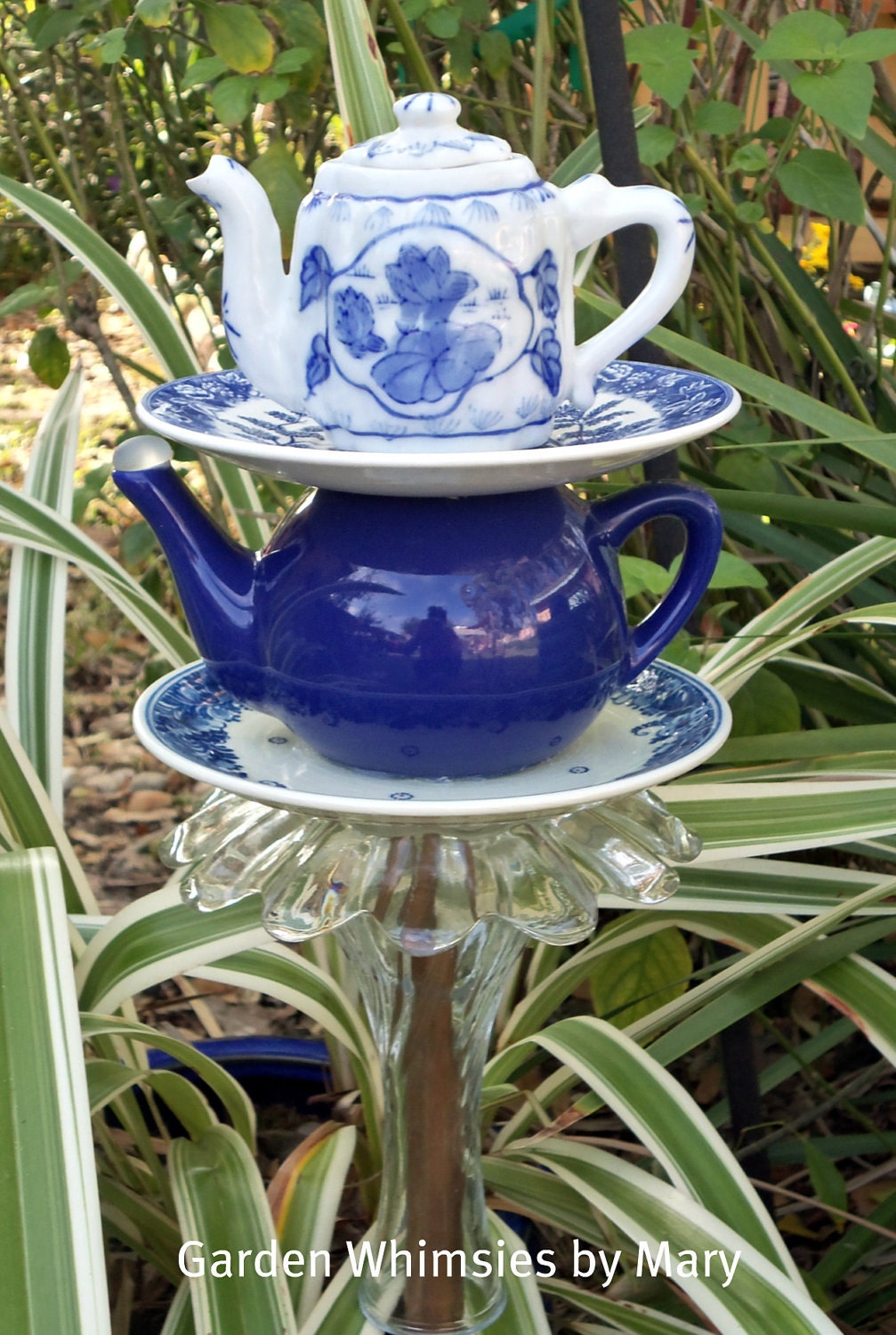 Reserved for Teresa Amin - Blue and White Double Teapot Garden Stake