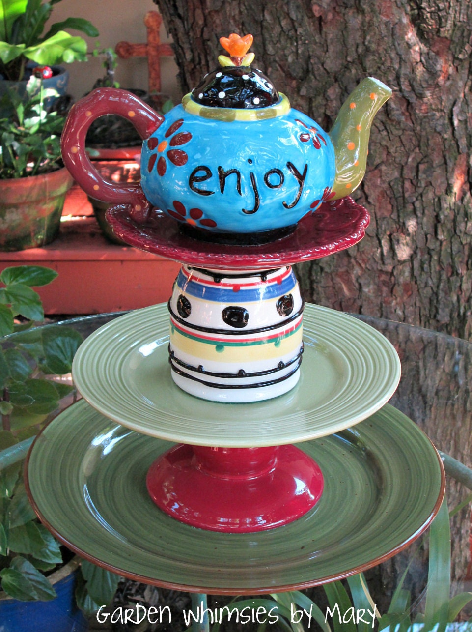 Garden Totem Centerpiece Dessert Stand Enjoy Teapot - As Featured In Valley Homes & Style Magazine