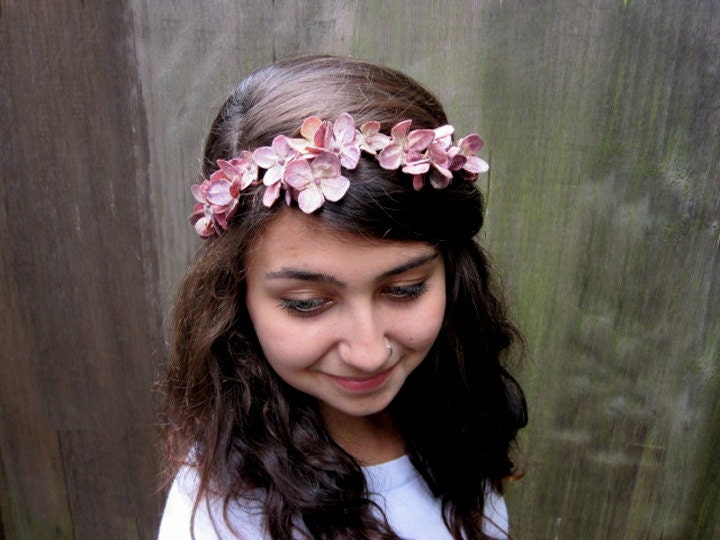 Pink Flower Hair Wreath - Velvet Mauve Pink Fairy Flower Crown, Flower Girl Crown, Boho Chic