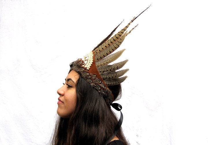 Tribal Feather Headdress - Bohemian Rustic Vintage Lace and Leather Crown, Festival Wear, Woodland Tribal Goddess, Fashion