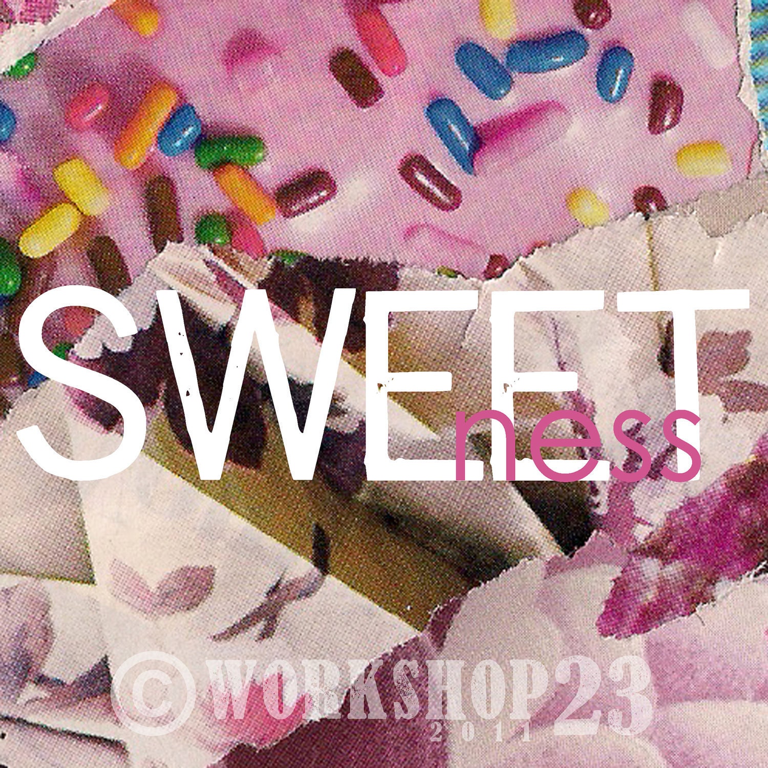 love art print recycled paper collage 8x8 square art pink and white SWEETNESS