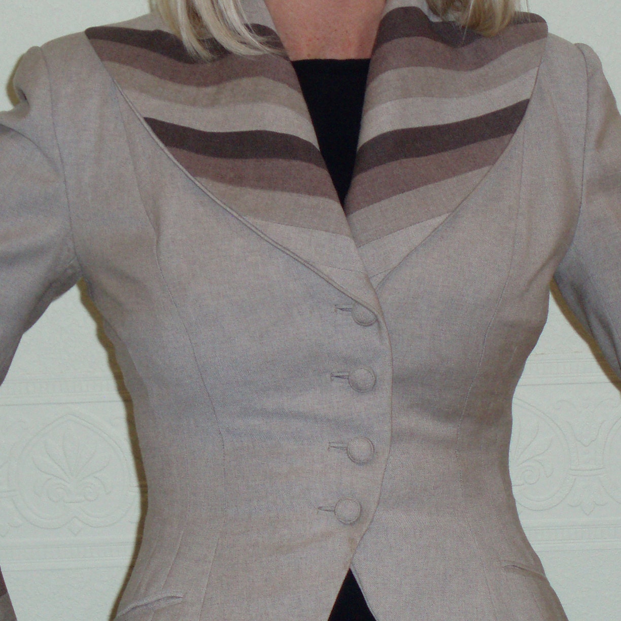 Sale Vintage 1940s-50s Lilli Ann felted Wool Suit Jacket Fitted Peplum Ombre Inlay Collar Outstanding xsmall small 0,2,4