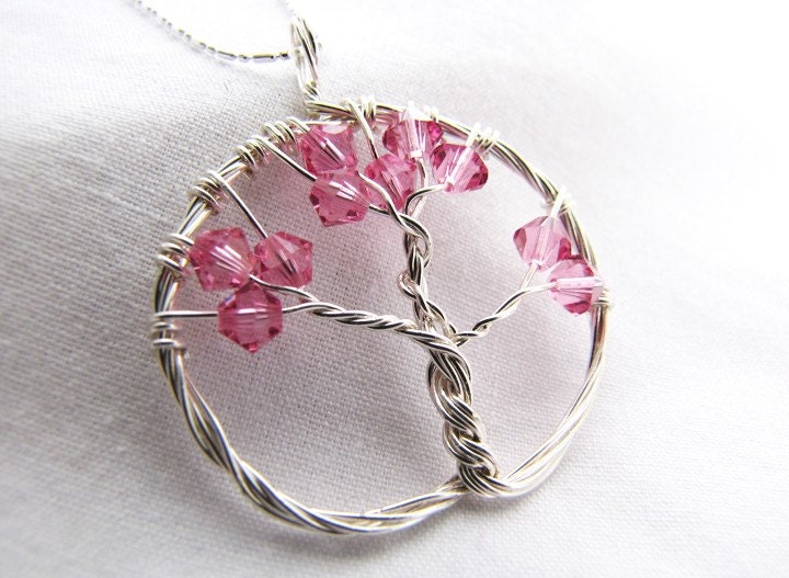 October Birthstone Necklace, Rose Tree of Life Pendant