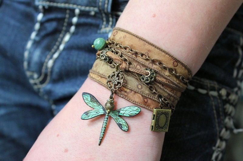 Dragonfly Ribbon Wrap Charm Bracelet With Weathered Verdigris Patina and Hand Dyed Golden Silk Ribbon
