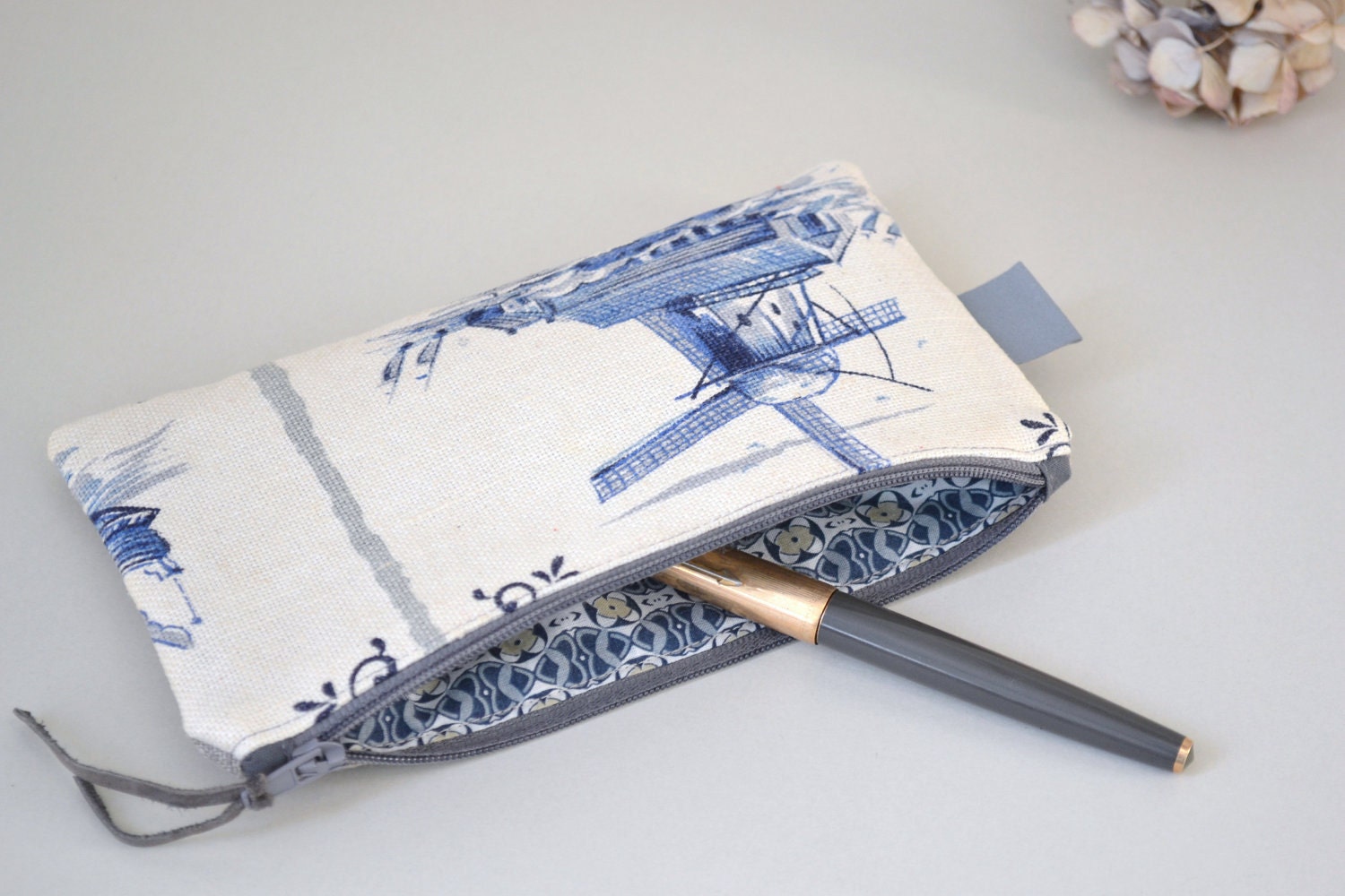 blue dutch mill zipper pouch - pencil case