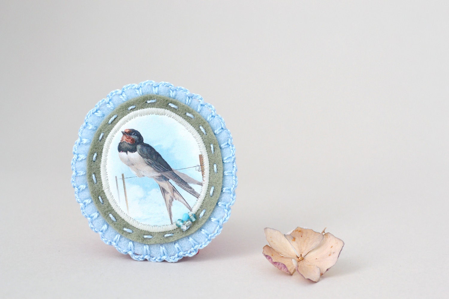 felt brooch with swallow print - victorian print - pastel blue and jade green - spring bird