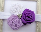 Baby Headband Flower Rose Rosette with Rhinestone Lavender Purple and White