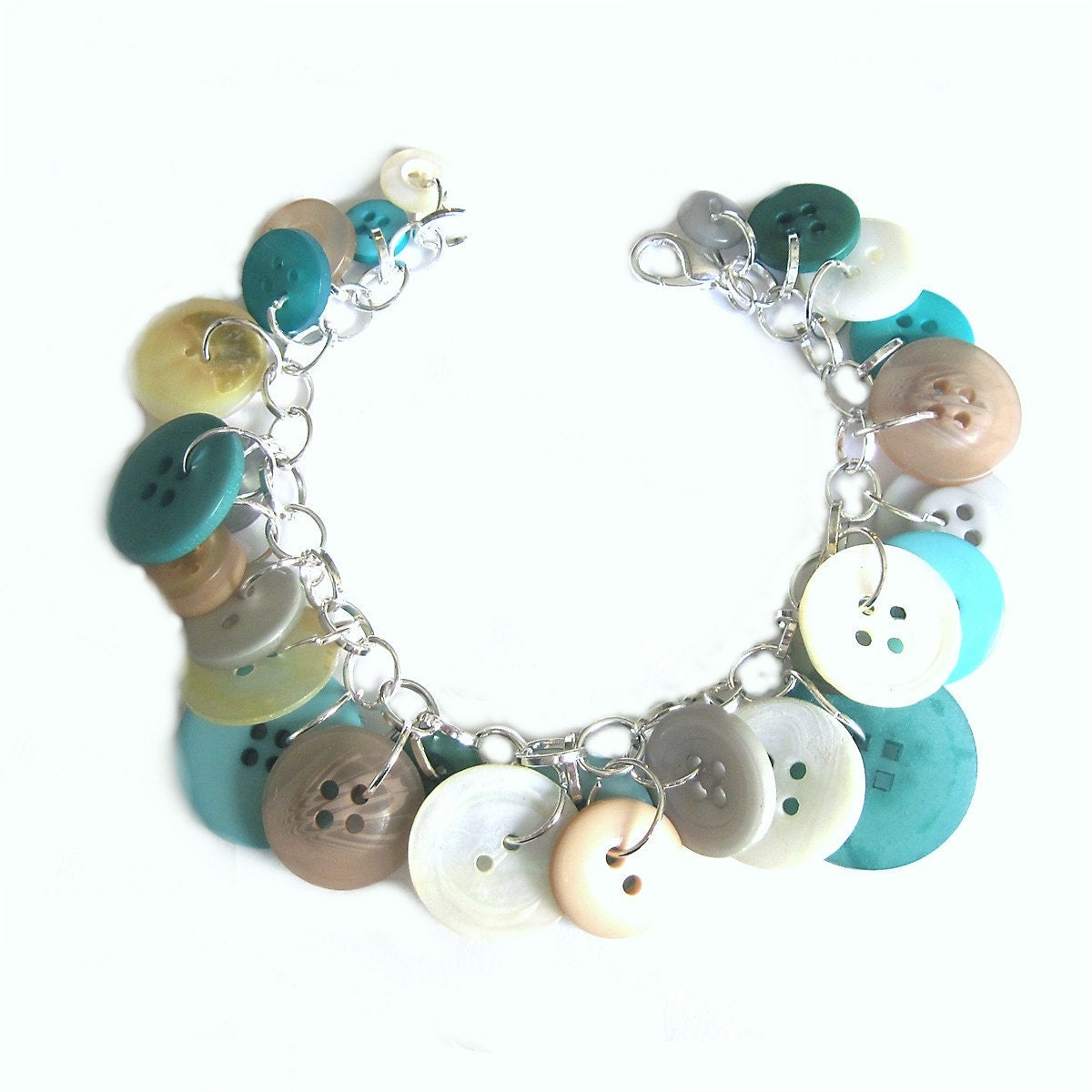 Summer Jewelry  Bracelet Charm Sand 'nSurf Hued  Buttons, Neutrals,Aqua,Turquoise,White, LIfe's A Beach In The Summer BEACHY CHIC Boho Char