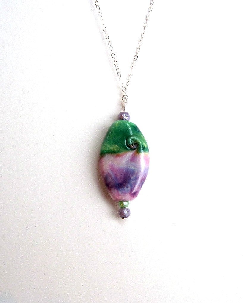 Jewelry Summer Necklace Handmade Pastel Lampwork Focal Bead Pendant, Lavender and Green Lilac Time