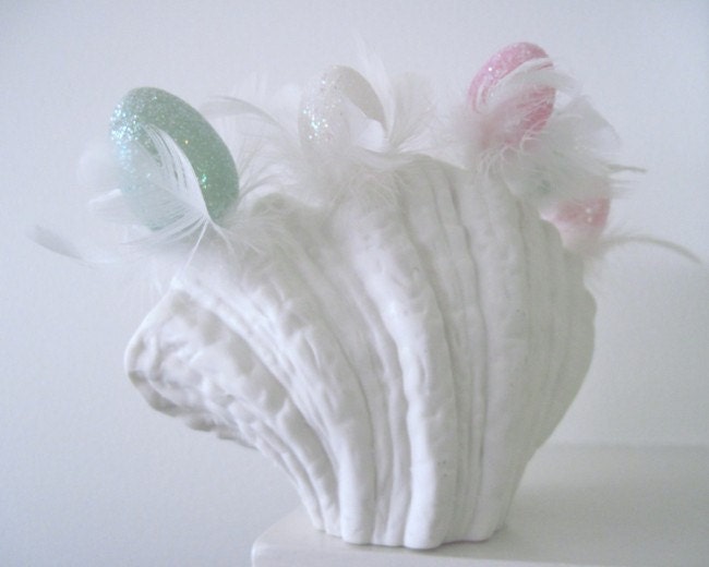 Easter Photograph Sea Shell, Easter Sea Shell With Pastel Eggs And Feathers,10 x 8, Easter Nautical Fantasy, Minimalist Modern Fine Art