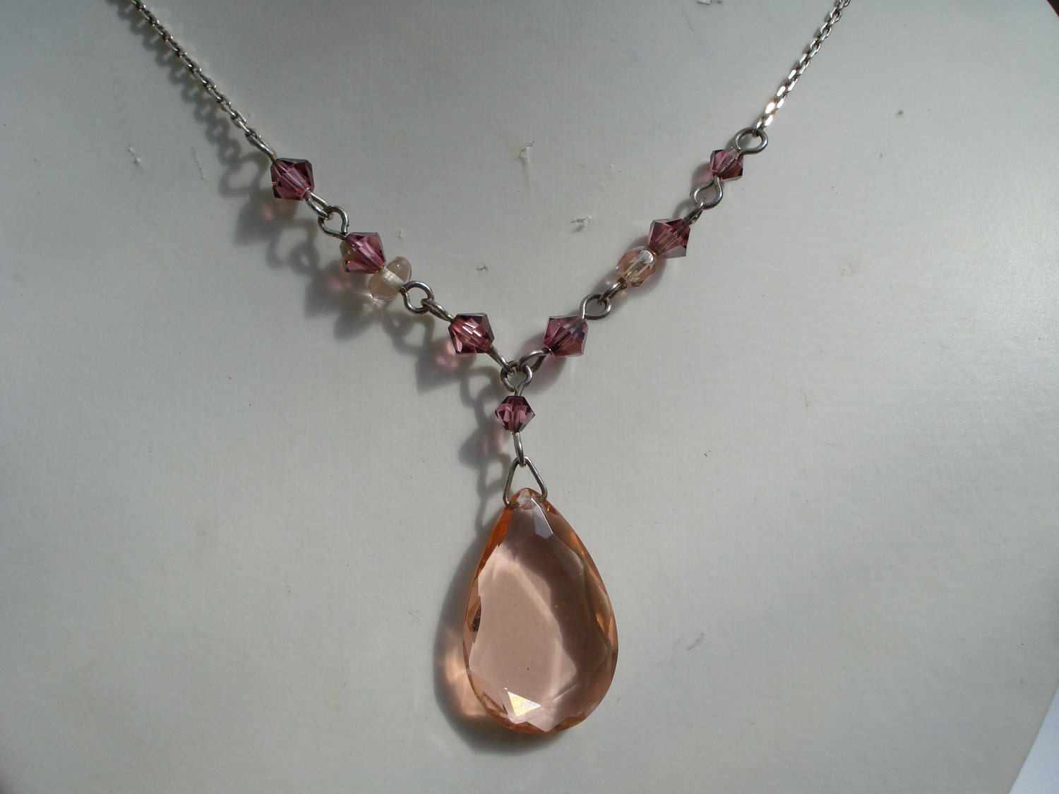 Art Deco Necklace Pink Glass Beads and Pendant Sterling Chain 20's 30's