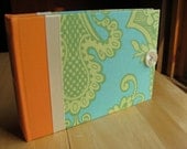 Handmade Photo Album/ Scrapbook/ Guest Book - Turquoise, Tangerine & Pale Yellow "Sandalwood Love" Paisley Fabric