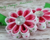 Hot PInk and Apple Green Polka Dots Extra Small Mini Ribbon FLower Girls Hair Bows-Great for Pig Tails