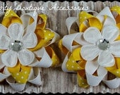 Yellow with White Polka Dots and A Daisy Center Loopy Flower Girls Hair bows Pig Tail - Set of two