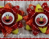 Orange Red and Yellow Polka Dots Elmo Loopy Flower Girls Hair bows Pig Tail Bows Bottle Cap Bows - Set of two