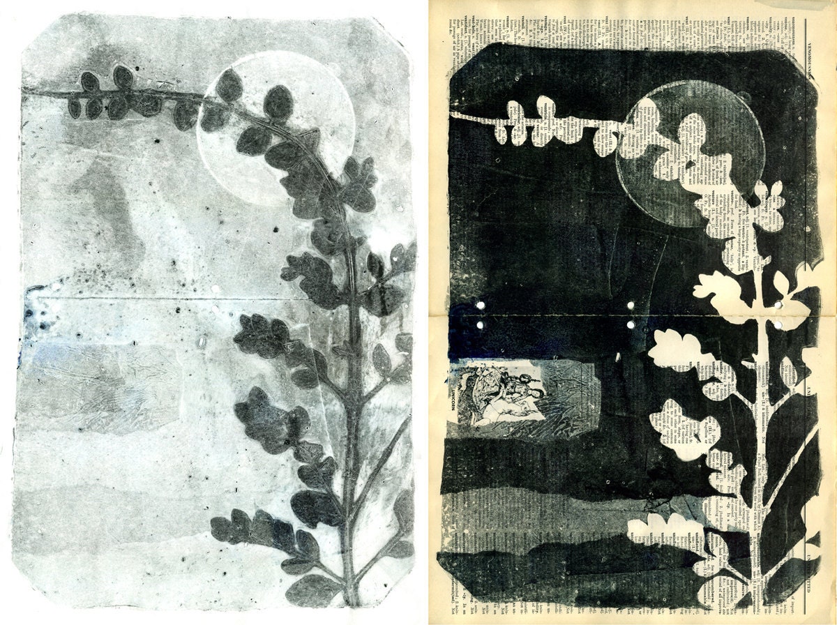 Botanical Silhouettes on Vintage Dictionary Sheets and Rice paper