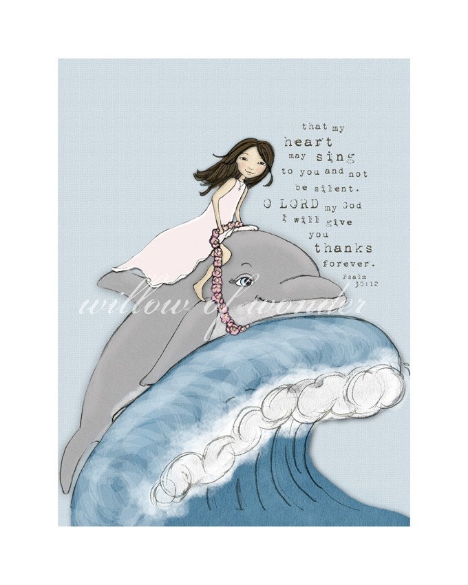 Dolphin Girl  scripture art print - children's wall art - girl nursery art