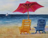 Beach Chair Umbrella, Barbara Rosenzweig, Art Print, Etsy, Reproduction of Original Watercolor Painting