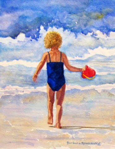Beach Surf Girl, Watercolor Painting Art Print, Ocean Seashore Reproduction of Original, Water Play Fun, Barbara Rosenzweig, Etsy Décor