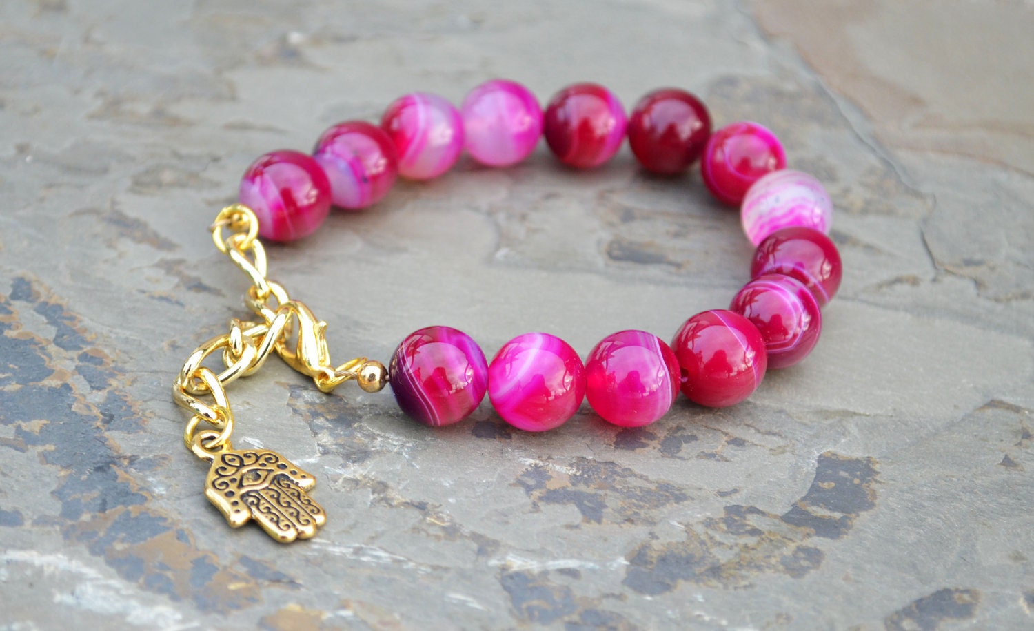 Pink Agate Bracelet With Gold Hamsa Charm