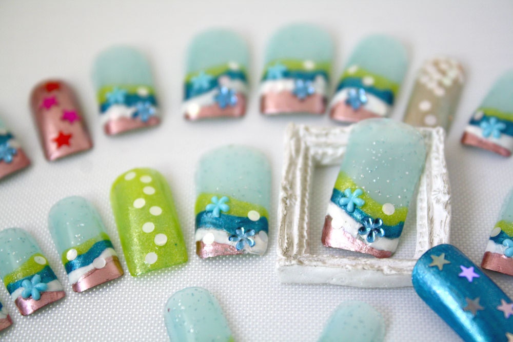 Flowers and Bubbles, Light Blue, Lime Green and Rose Art Nails (Ready to Ship)