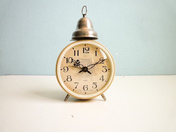 Temp Reserved for Kirsten - Vintage mechanical alarm clock cream Russian wind up 70s