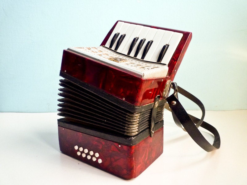 Vintage accordion red pearl russian for kids working condition