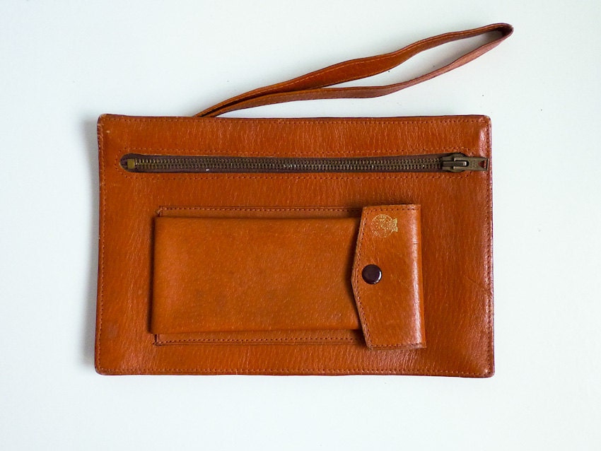 Vintage 70s Wrist Bag Men Wallet Brown Orange Leather Clutch