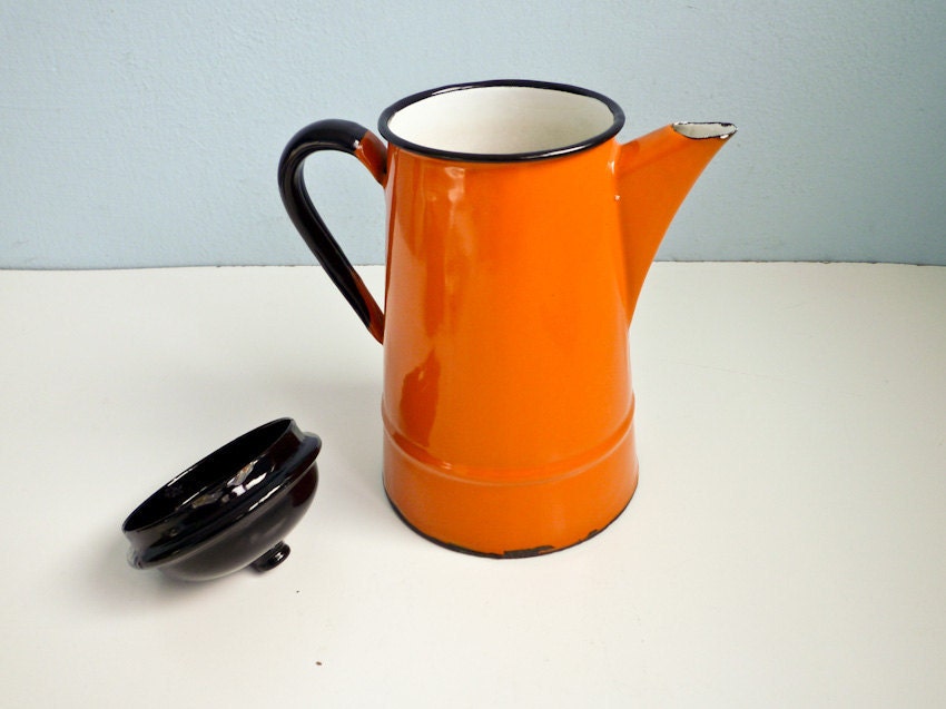 Vintage enamel orange teapot coffee kettle