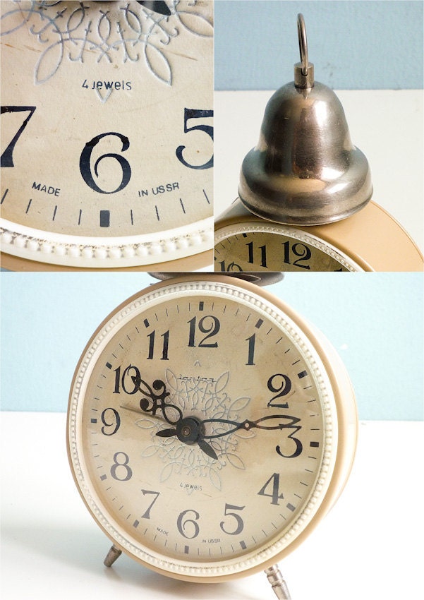 Temp Reserved for Kirsten - Vintage mechanical alarm clock cream Russian wind up 70s