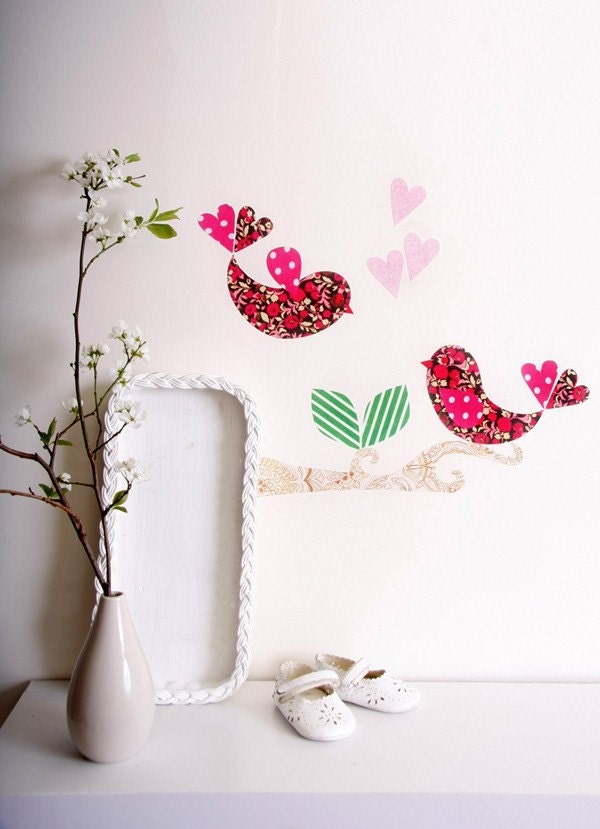 Love bird decals - pinks - reusable, repositionable, fabric bird decal wall art
